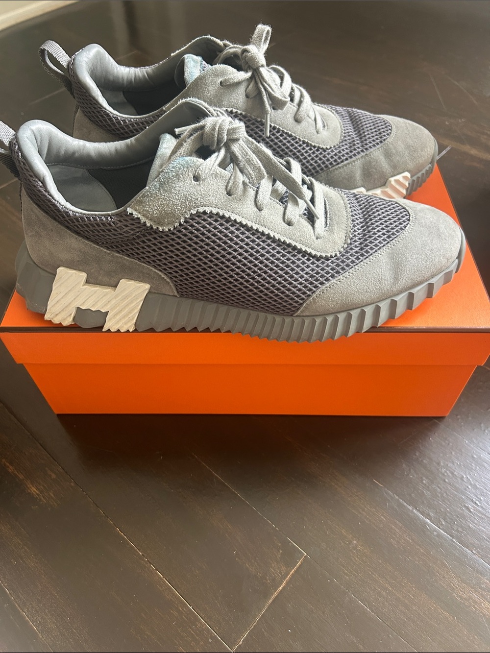 Hermes Men's Grey Mesh & Suede Sneakers - Box, Dust Bags, New Laces included